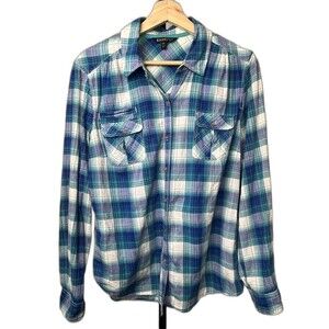 Express Top Long Sleeve Button Up Shirt Plaid Green Purple Sparkle Large Western